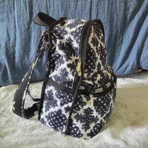 LeSportSac Floral Print Backpack Black White Nylon Geometric LARGE Pockets Strap